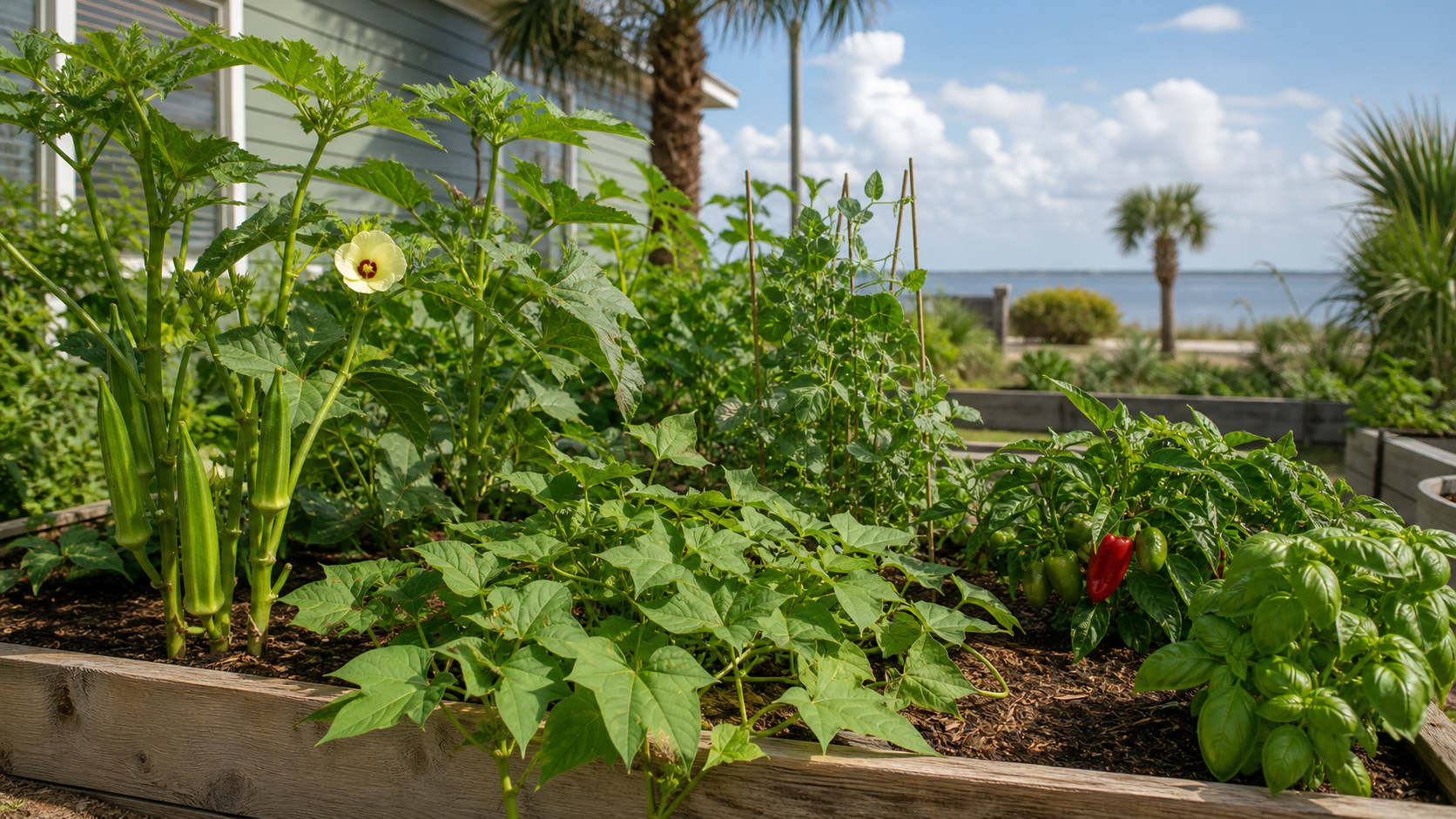 Raised Gulf Coast vegetable bed with okra, vines, peppers, basil, and mulch